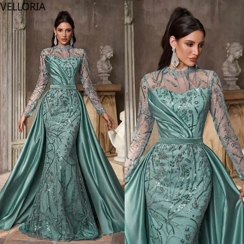 

Элегантные вечерние платья русалки с блестками и длинным рукавом, высоким воротом, платья для выпускного вечера, вечернее платье с бисером, Vestdos De Fiesta, по индивидуальному заказу