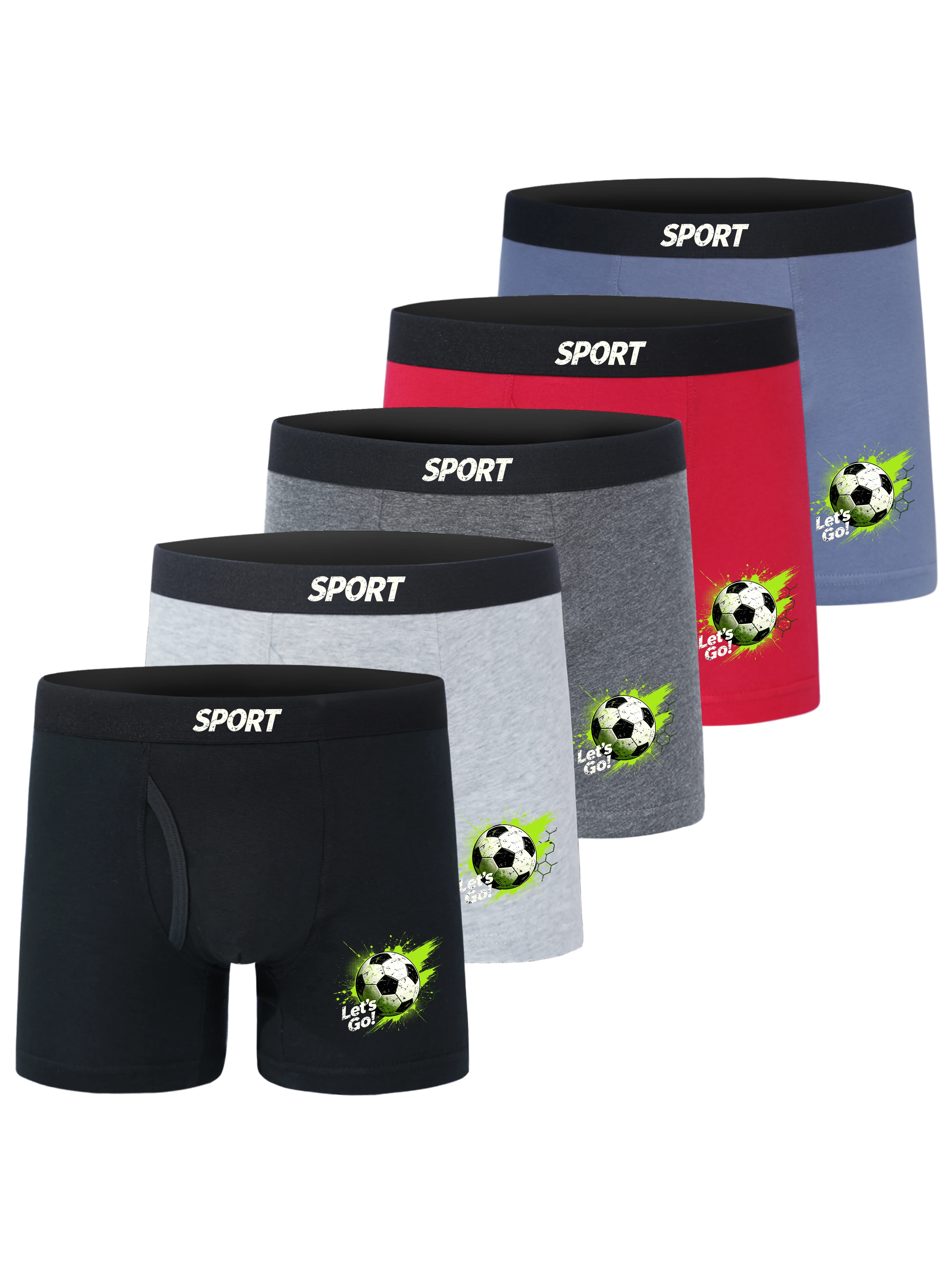 

5-Pack Boys' Cotton Boxer Briefs Soccer "Let's Go" Print Soft Breathable Kids Underwear Sporty Comfortable Children's Underpants