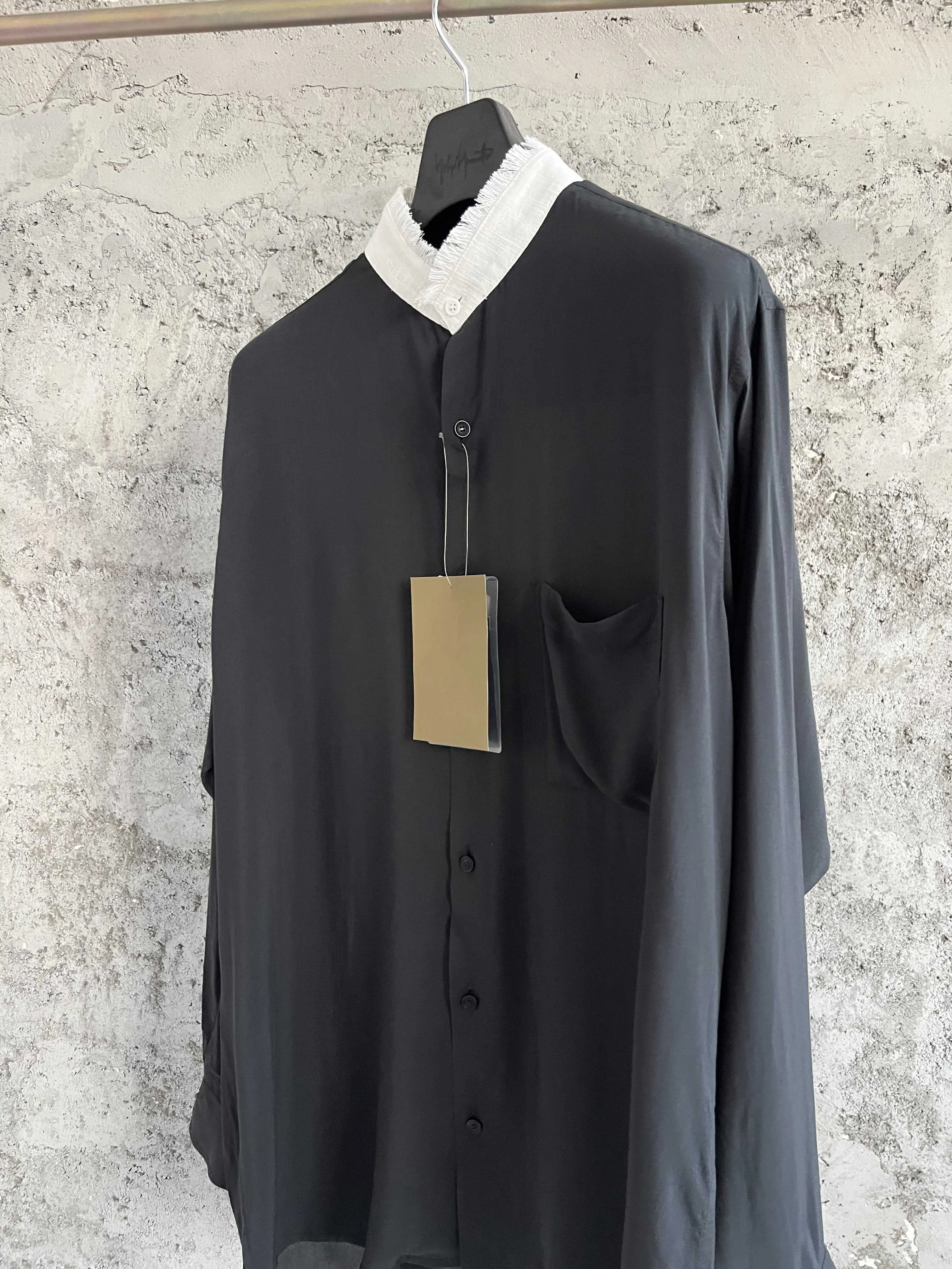 Original Japanese design sense fringed color-blocking stand-up collar patchwork shirt