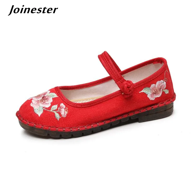 Flat Heeled Women Mary Jane Spring Shoes Vintage Embroidered Ankle Strap Loafers Ladies Ethnic Dress Shoe Cotton Fabric Sandals