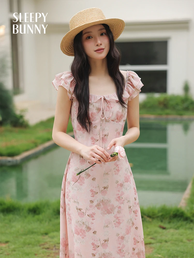 Vintage Floral Chiffon Maxi Dress Women Sweet Ruffle Sleeve Square Neck Summer Long Dress Elegant High Waist Slim Fit Sundress