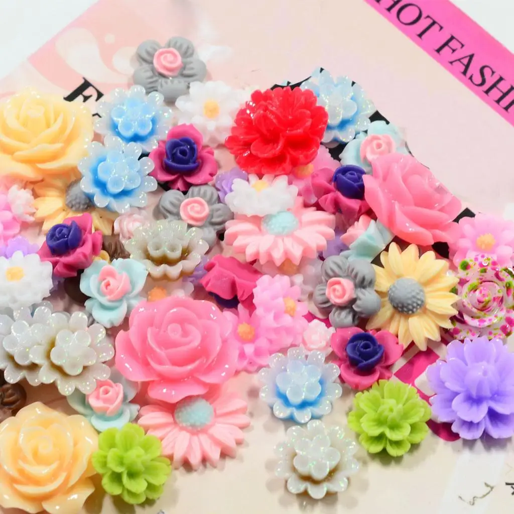 fityle 50Pcs Assorted Colors Size Resin Rose Flower Flatback Cabochons for Jewellery Decoration Phone Case DIY Scrapbooking