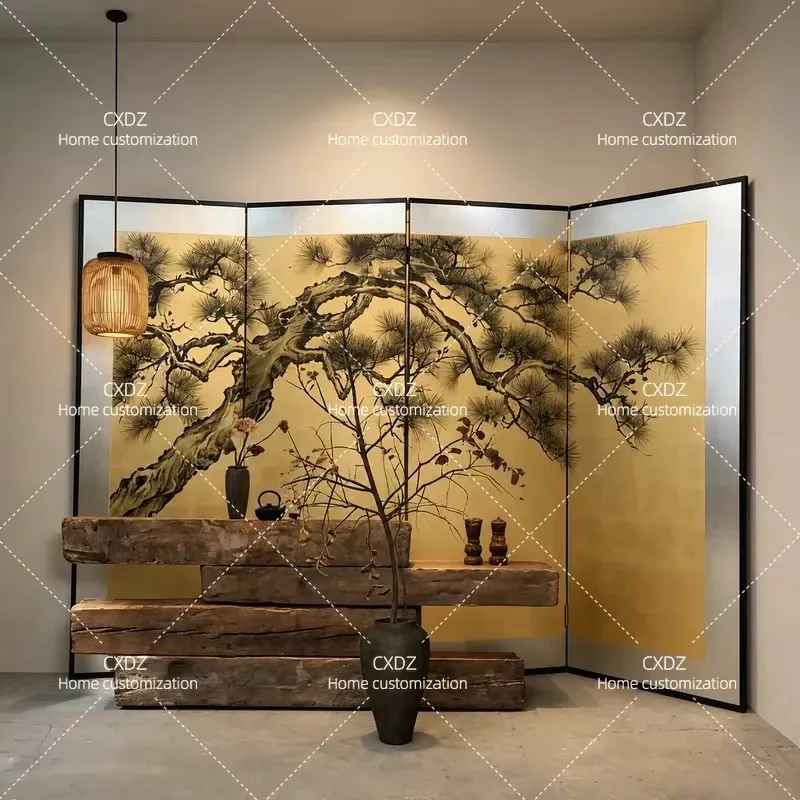 Biombo Plegable Pintado a Mano con Diseño de Pino y Lámina Dorada, Separador de Ambientes para Sala de Estar, Decoración de Pared para Casa de Té, Estilo Japonés