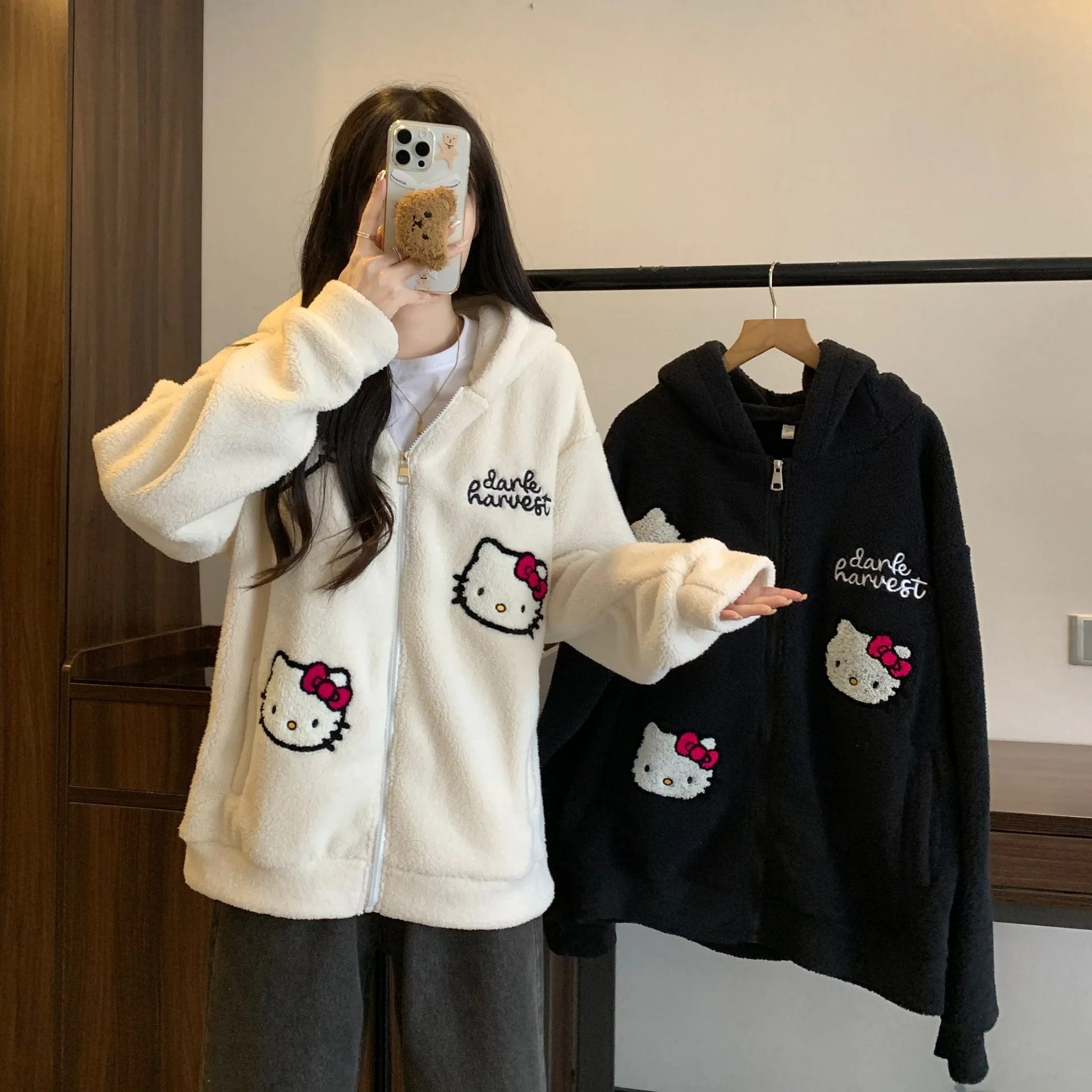 

Kawaii Sanrio Hello Kitty Cartoon Zipper Hoodie Girls Winter Lamb Fleece Warm Cardigan Cute Anime Y2K Embroidered Coat Girl Gift