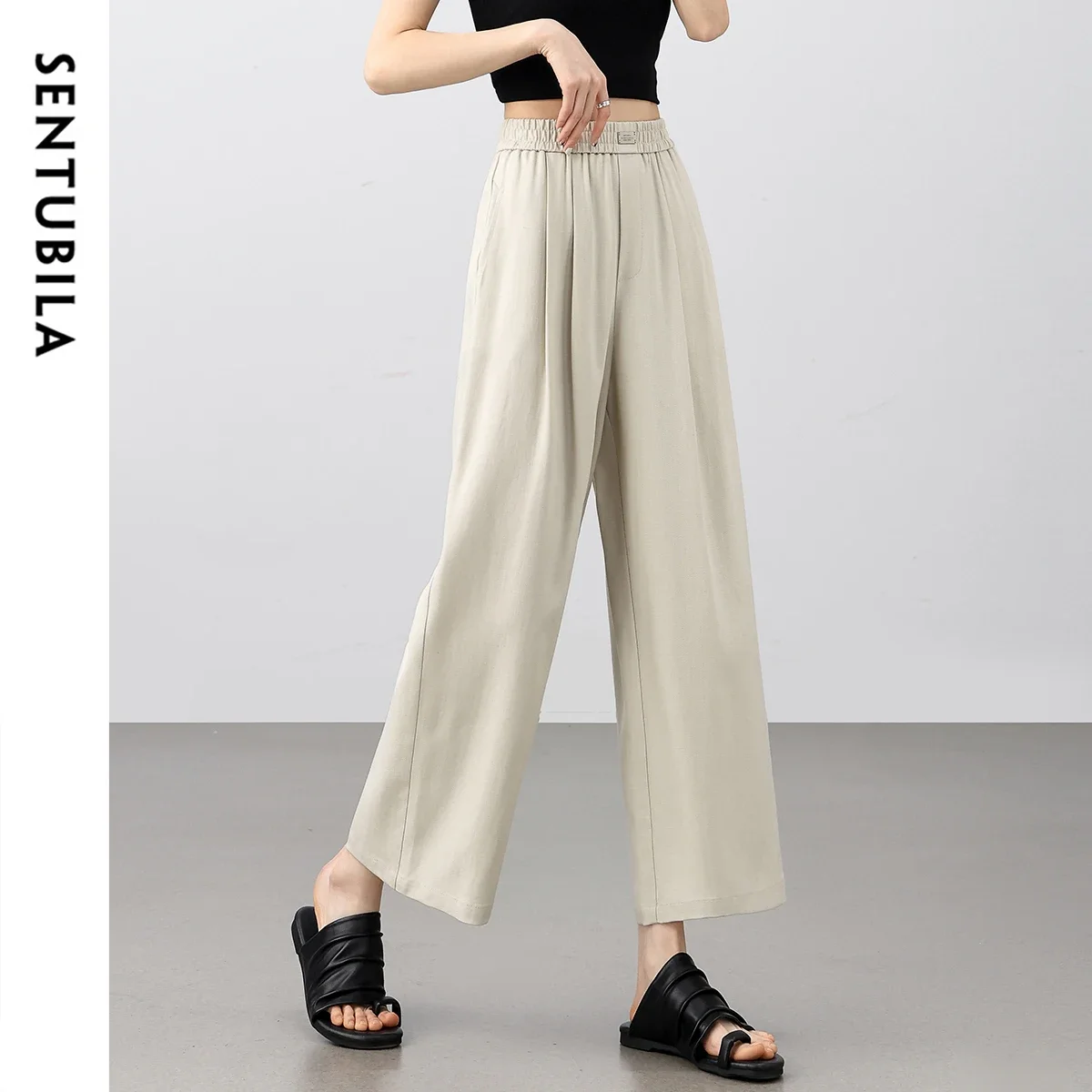 Spodnie damskie SENTUBILA, proste, na wiosnę i lato 2026, luźne, jednolite, z elastyczną talią, z zakładkami, kieszeniami, oddychające, model 152K57020