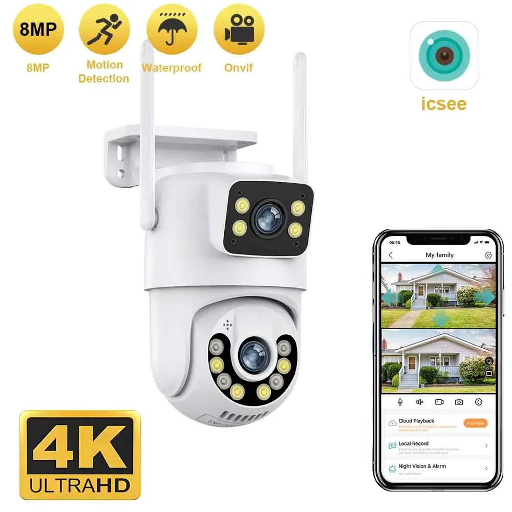 Caméra IP de sécurité sans fil extérieure 4K 8MP HD double objectif externe Wifi PTZ caméra suivi automatique caméra de Surveillance de rue iCsee