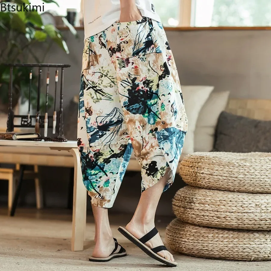 Summer Harem Pants for Men Solid Cotton Baggy Cross Calf Length Pants Male Elastic Waist Vintage Casual Trouser Trend Streetwear