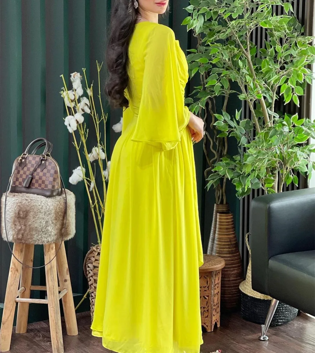 Meetlove Aangepaste Lange V-hals Chiffon Avondjurken A-lijn Lange Mouw Enkellange Galajurk Robe de soirée voor Vrouwen