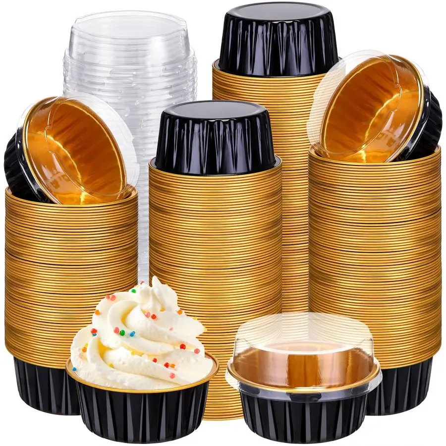 

400 Pcs Aluminum Foil Baking Cups with Lids 5 oz Disposable Ramekins Mini Cake Pans Creme Brulee Cupcake Liners Muffin Tins Flan