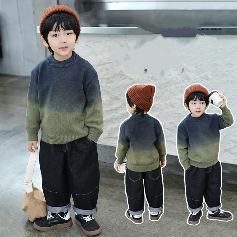 

Stylish Fashion Children Gradient Green Sweater for Baby Boys Casual Autumn Knitted Clothing New Kids Designer Knitwear Outfit