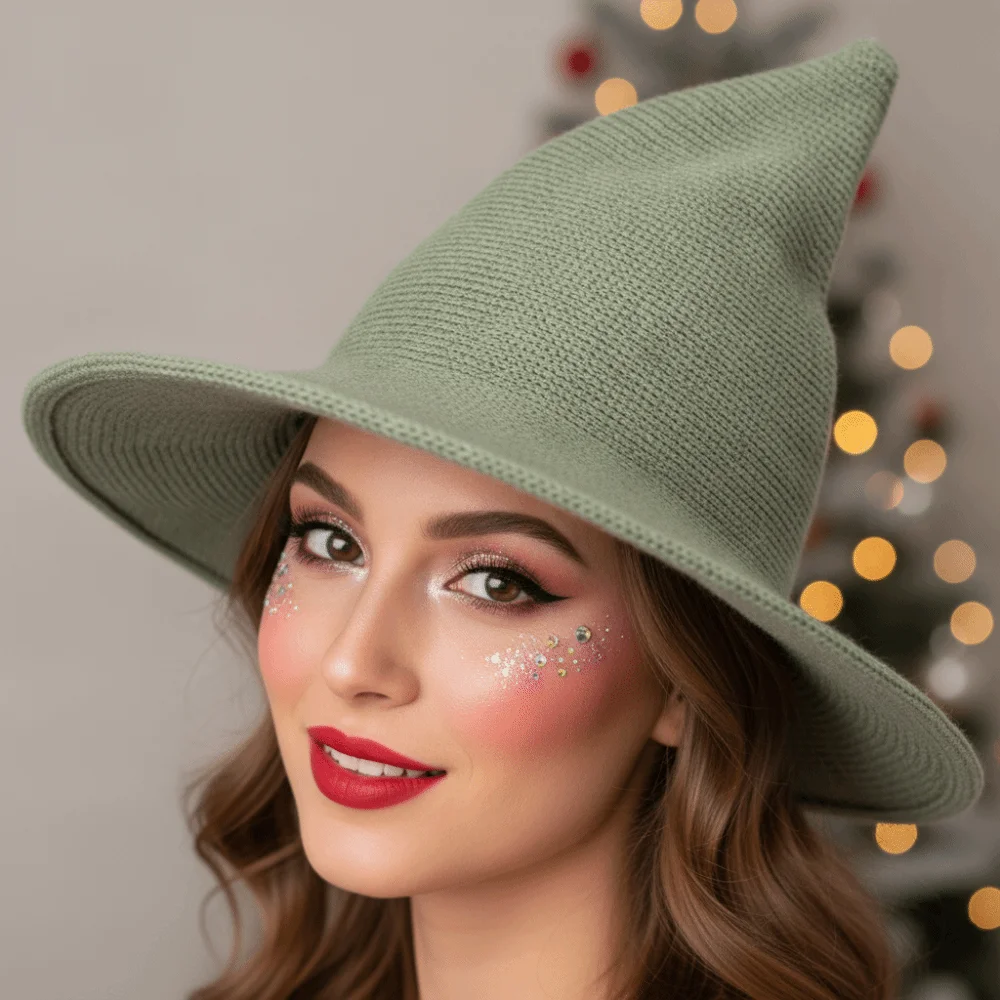 Halloween Beanie Knitted Witch Hat Pointed Top Solid Color Wizard Cap Soft Yarn Breathable Pointed Bonnet Costume Cosplay