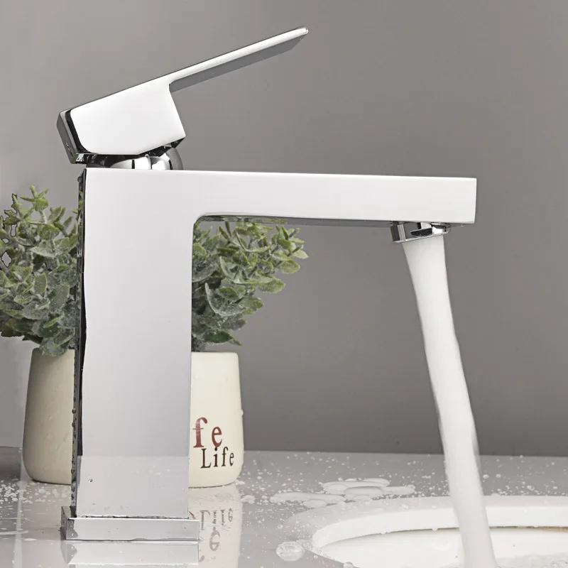 All-copper square basin faucet, high and low models, countertop basin, under-sink basin, cold and hot water faucets