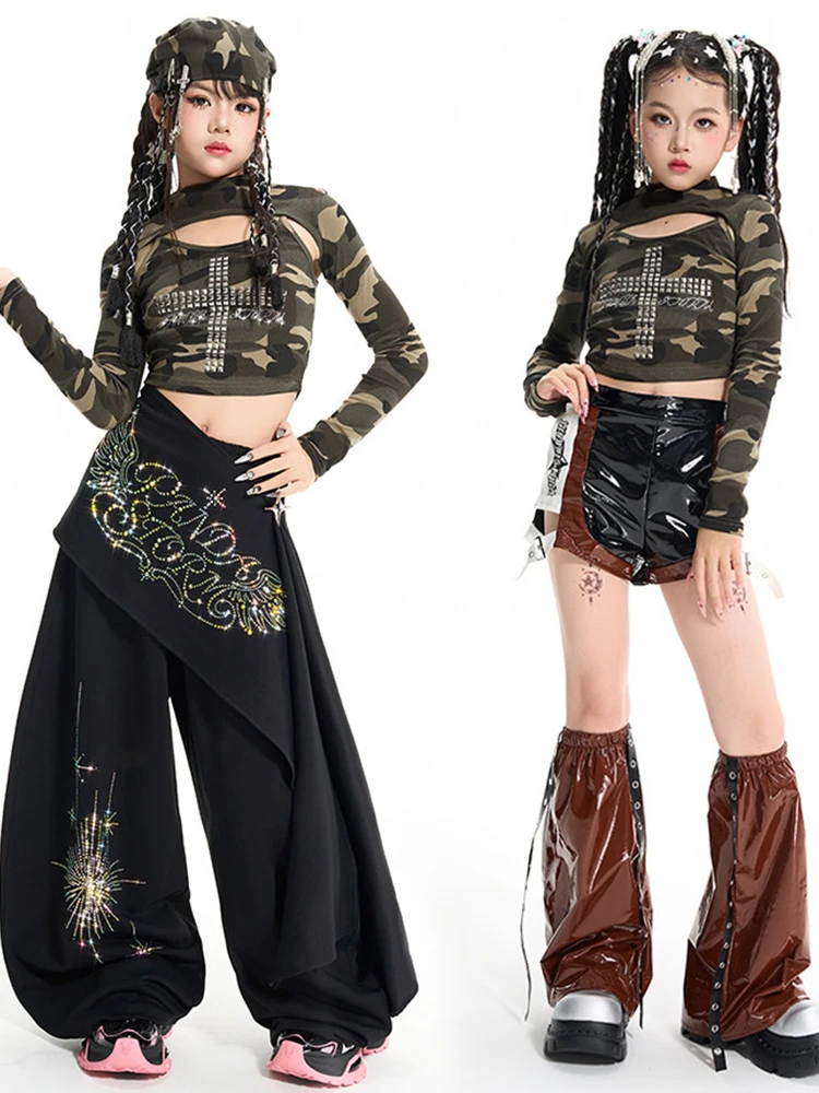 New Camouflage Top Pants Shorts Jazz Dance Costume Kids Hip Hop Clothing Streetwear Kpop Girls Group Team Stage Clothes DN24716