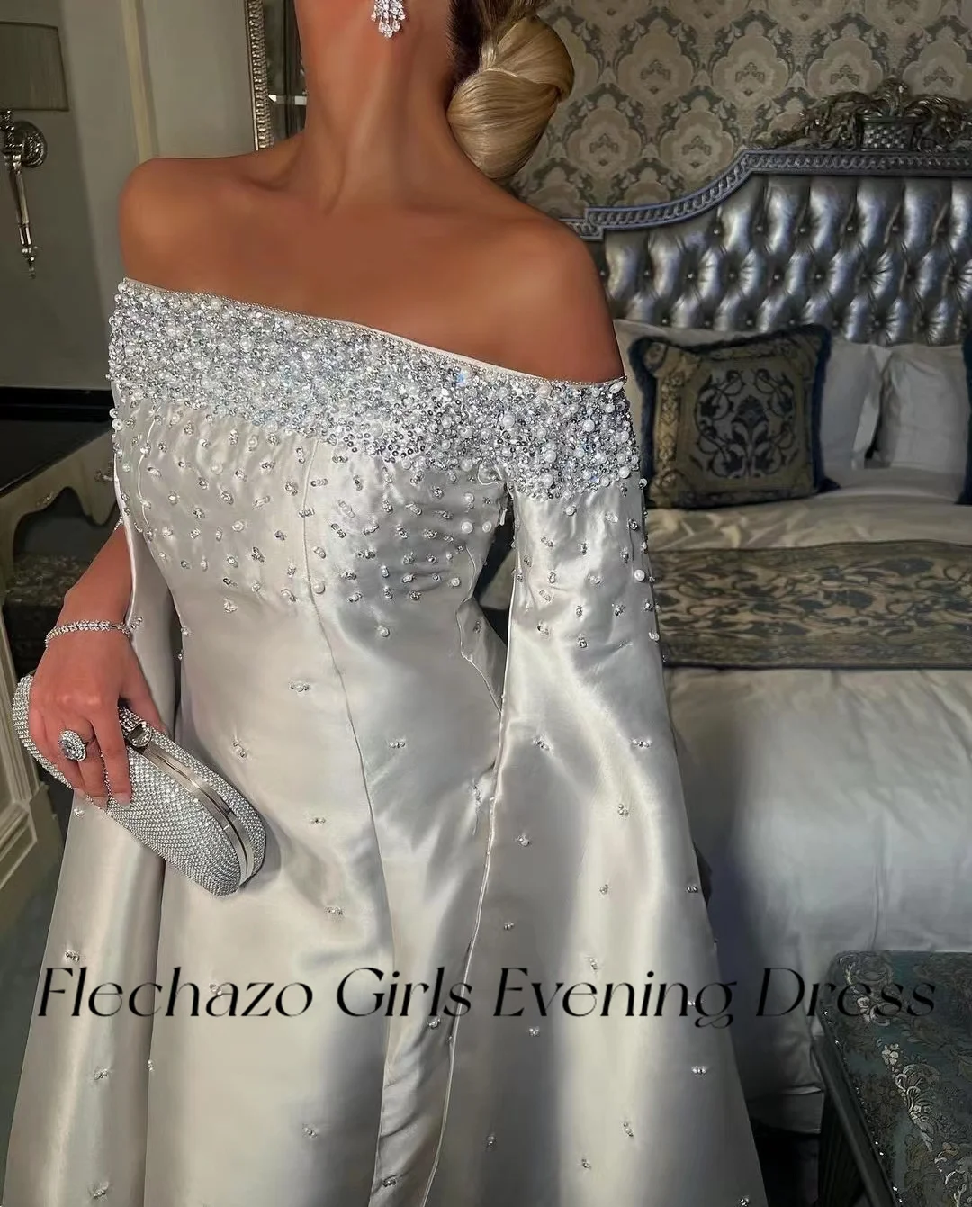 Flechazo Luxury Silver Prom Dresses Off Shoulder Beading A Line Formal Occassion Party Dress For Women 2024 فساتين السهرة