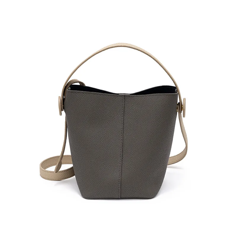 New Korean Version of Women Leather Messenger Bucket Bag Niche Hit Color Simple Vegetable Basket Handbag