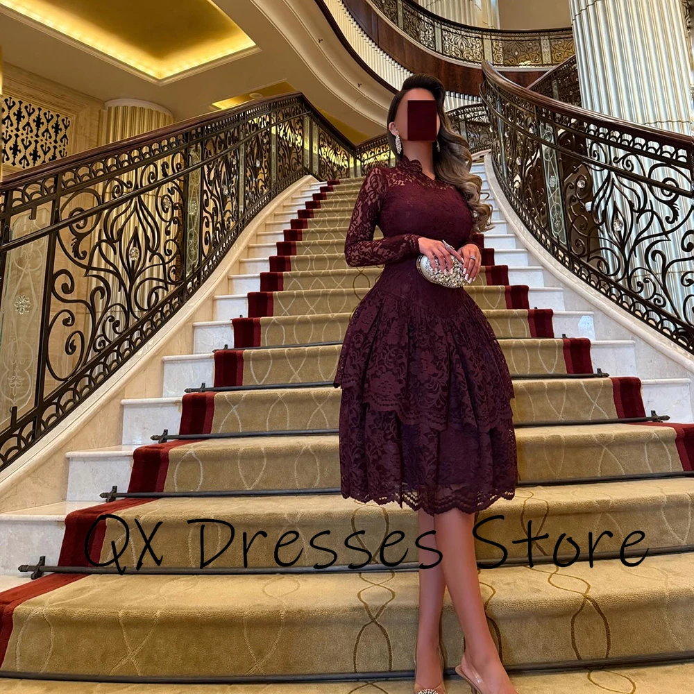 Customized Burgundy O-neck Lace Party Gown ILLUSION Full Sleeves Pleat Tiered Prom Dress Ruffles Knee Length Party Dresses image 3