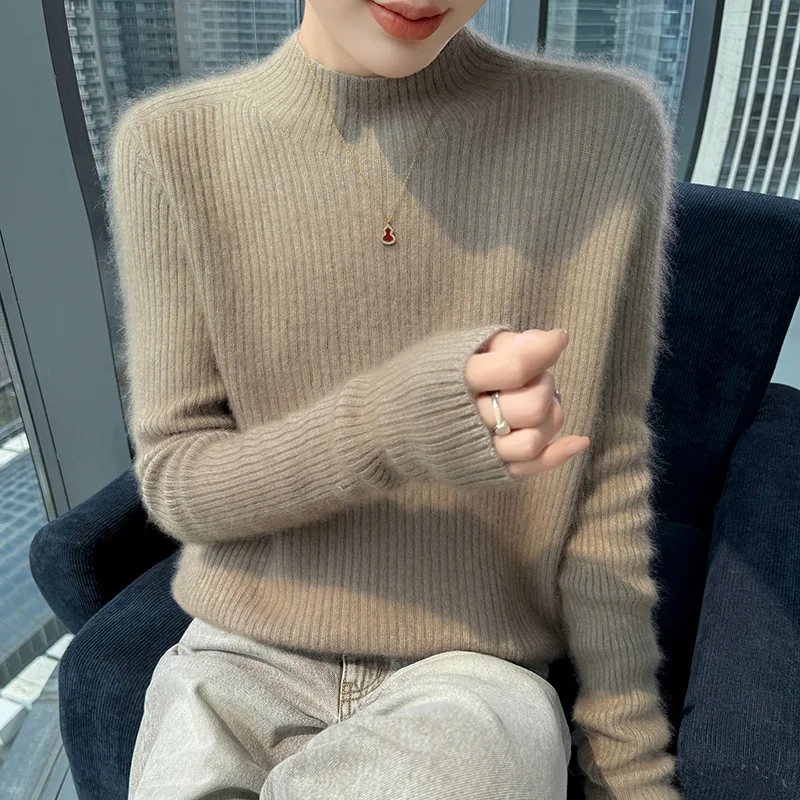 Sweater rajutan wanita 100% kasmir bulu mink, lengan panjang, slim fit, serbaguna, untuk musim gugur dan musim dingin, model baru dengan kerah O.