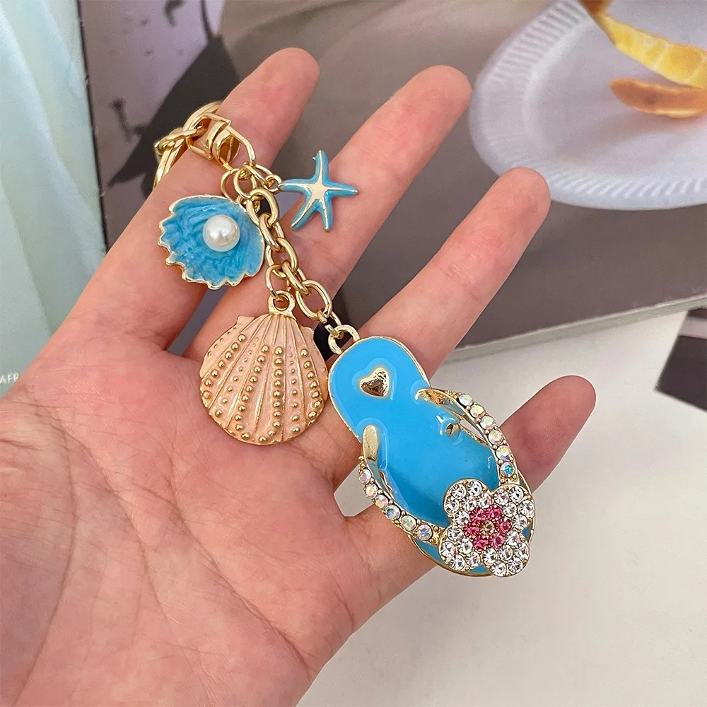 Cute Slipper Key Chain Flip Flops Four Leaf Clover Sea Beach Pendants Personality Charms Starfish Shell Keyring Summer