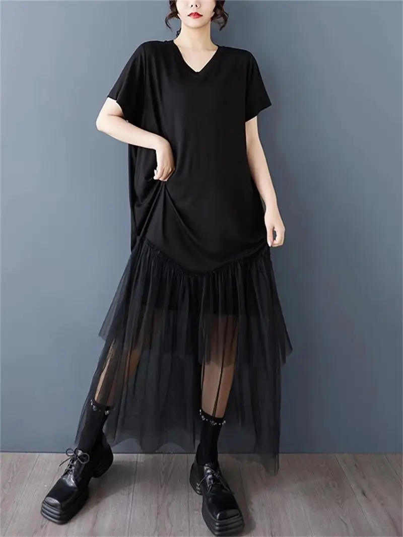 2025 ฤดูร้อนผู้หญิง PLUS ขนาดภาพลวงตา Two-Tone Dress-ตาข่ายใส่เสื้อยืดสีดํา Maxi ชุดลําลอง G274