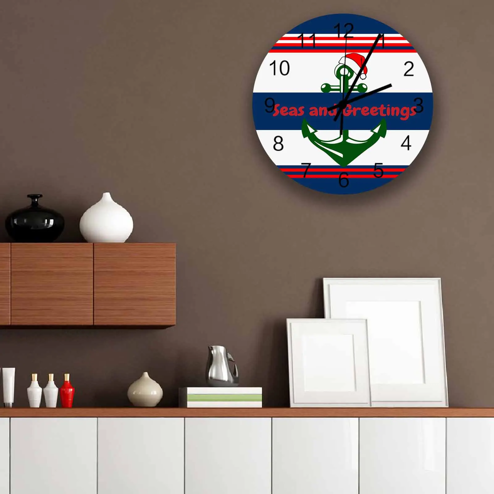 Christmas Boat Anchor Christmas Hat Lines Wall Clock Large Modern Kitchen Dinning Round Wall Clocks Bedroom Silent Hanging Watc