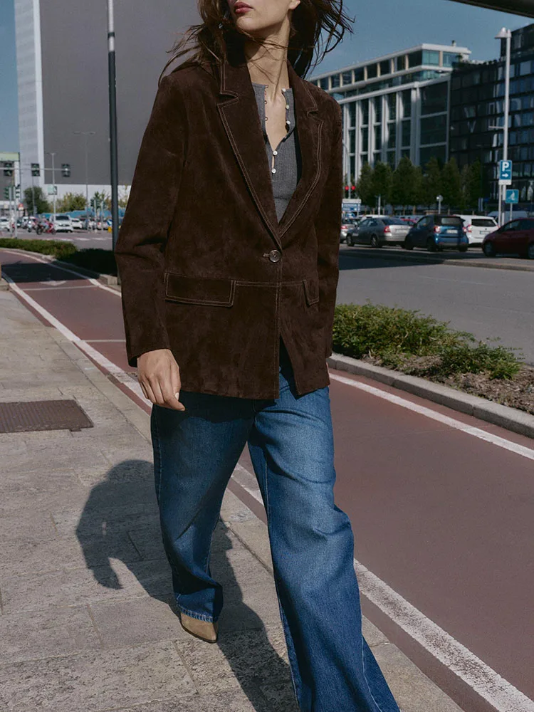 

Faionable Sweet Leather Straight Leg Suit Jaet New Arrival for Women 2025 Autumn Casual Long Sve Commute Sle