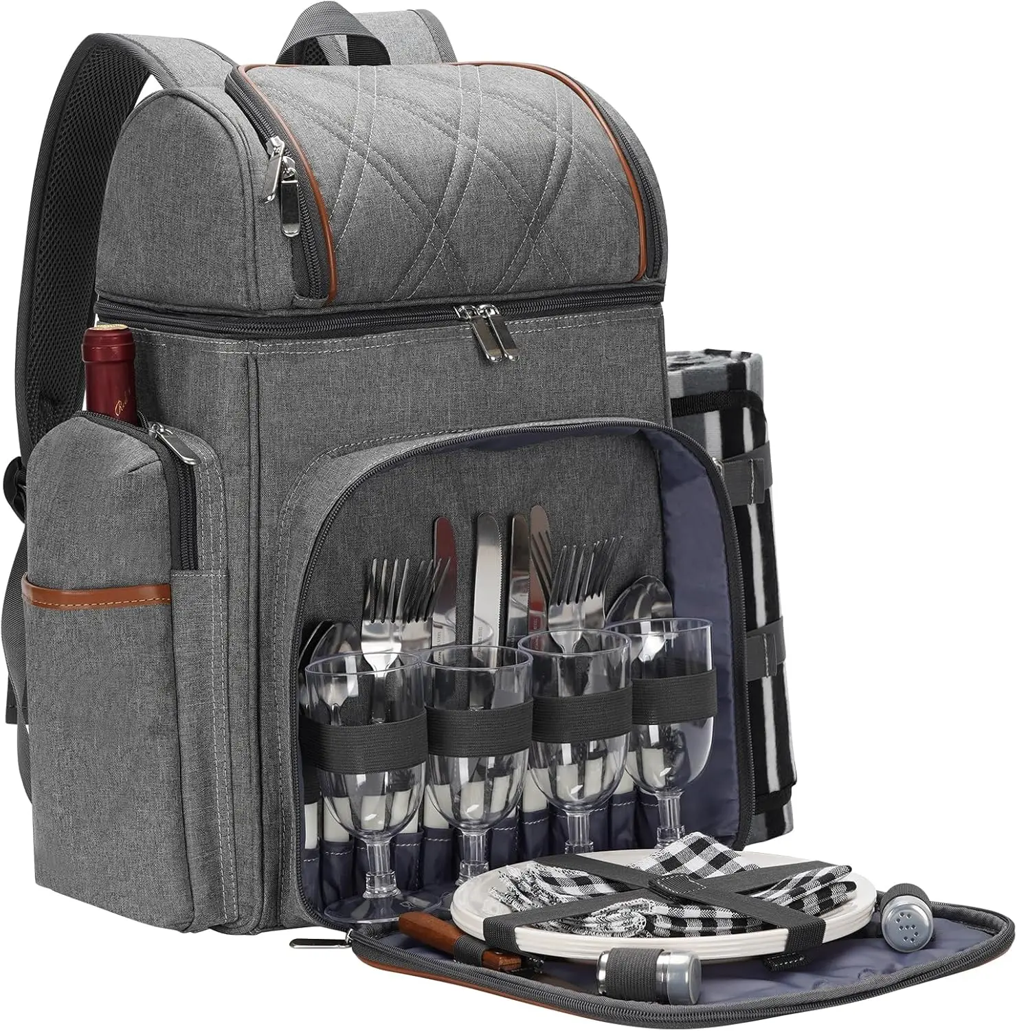 Isolierter Picknick-Rucksack für 4 Personen, auslaufsichere Kühltasche mit Weinbeutel und Decke für Strand, Camping, Park