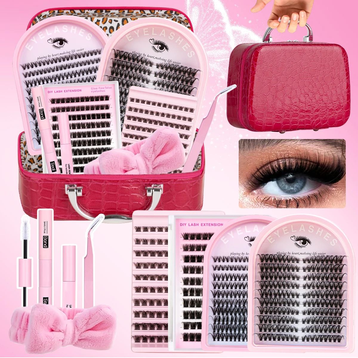 Kit d'extension de cils individuels, boucles D de longueur mixte, bricolage, aspect naturel doux, avec dissolvant de liaison et de joint, usage quotidien