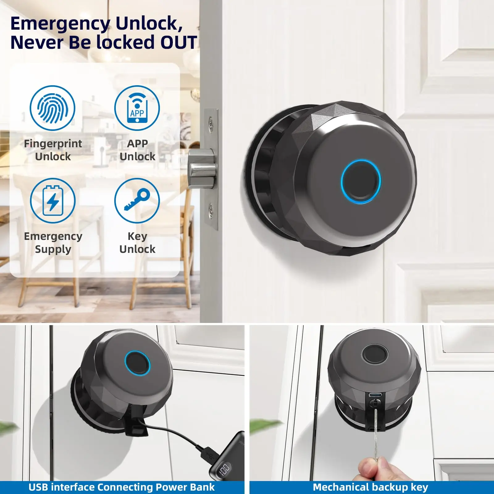 Fingerprint Door Locks, Smart Biometric Door Lock, Rechargeable Smart Door knob with Tuya App Control, Secure Lock Mode