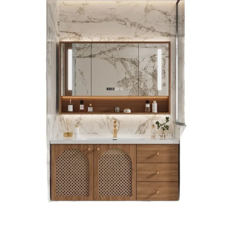 Log Wind Bathroom Cabinet Rattan Combination Integrated Ceramic Basin Toilet Hand Wash Table Simple Wind