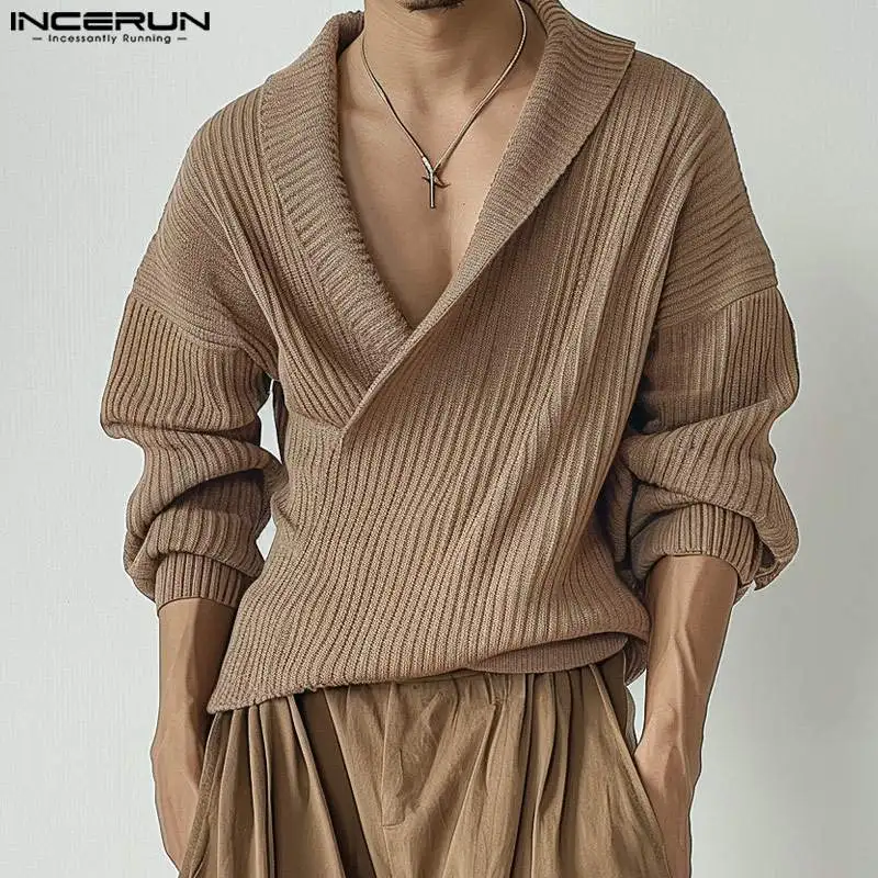 

INCEUN Tops 2024 Fashionable Men's Knitted Pit Stripe Pullovers Casual Streetwear Male Solid Lapel Long Sleeved Sweaters S-5XL