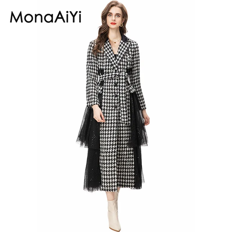 

MonaAiYi High Street Fashion Designer Autumn Black Outerwear Women's Sequin Mesh Patchwork Lapel Long Sleeves Girdle Plaid Coat