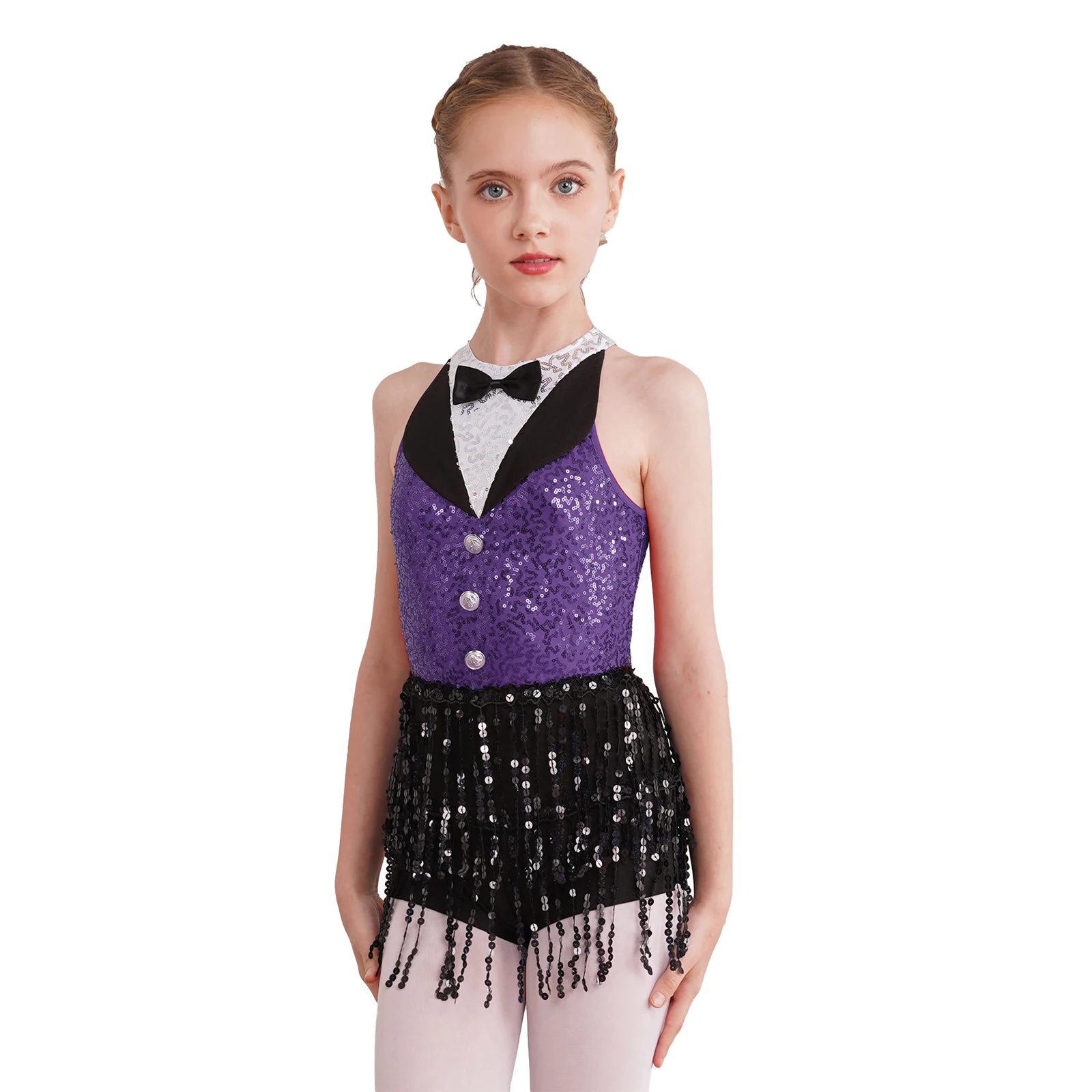 Girls Fringe Latin Jazz Uniform Modern Dance Suit Dress Sleeveless Back Keyhole Boyshorts Sequin Tassel One-Piece Dancewear