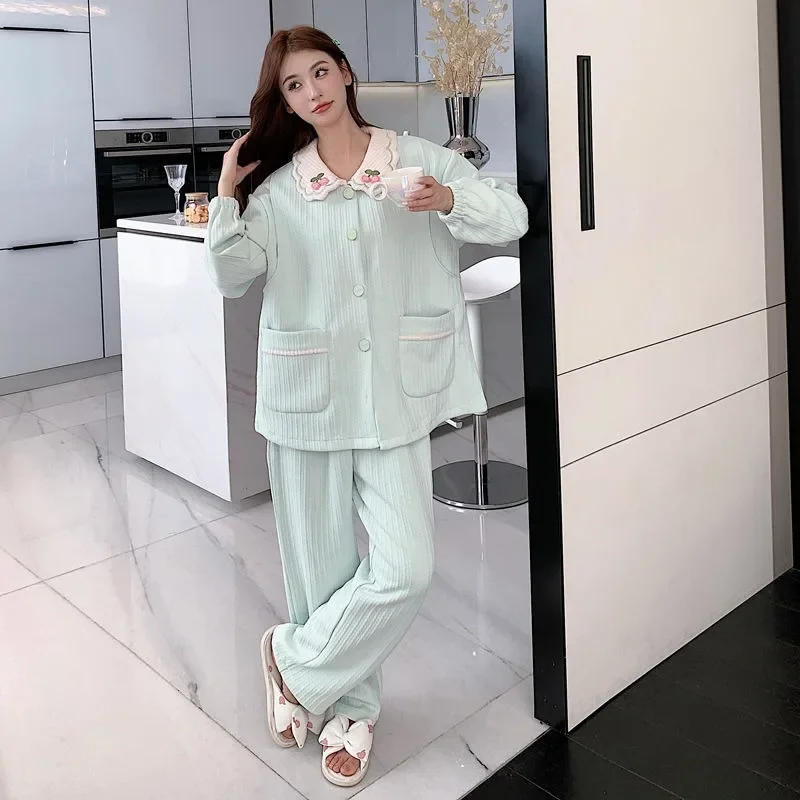 2024 New Autumn Winter Air Cotton Pregnant Women Pajamas Slim Moon Clothes Adjustable Homewear V-neck Loose Sweet Loungewear Set