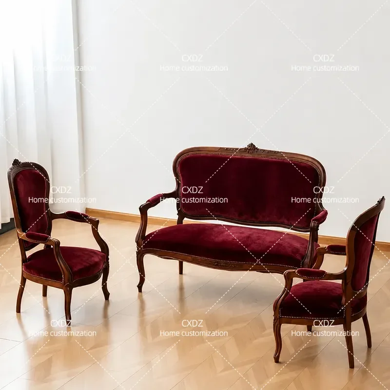French Retro Style Velvet Sofa Chair Three Seater Living Room Bedroom Carved Solid Wood High End Furniture
