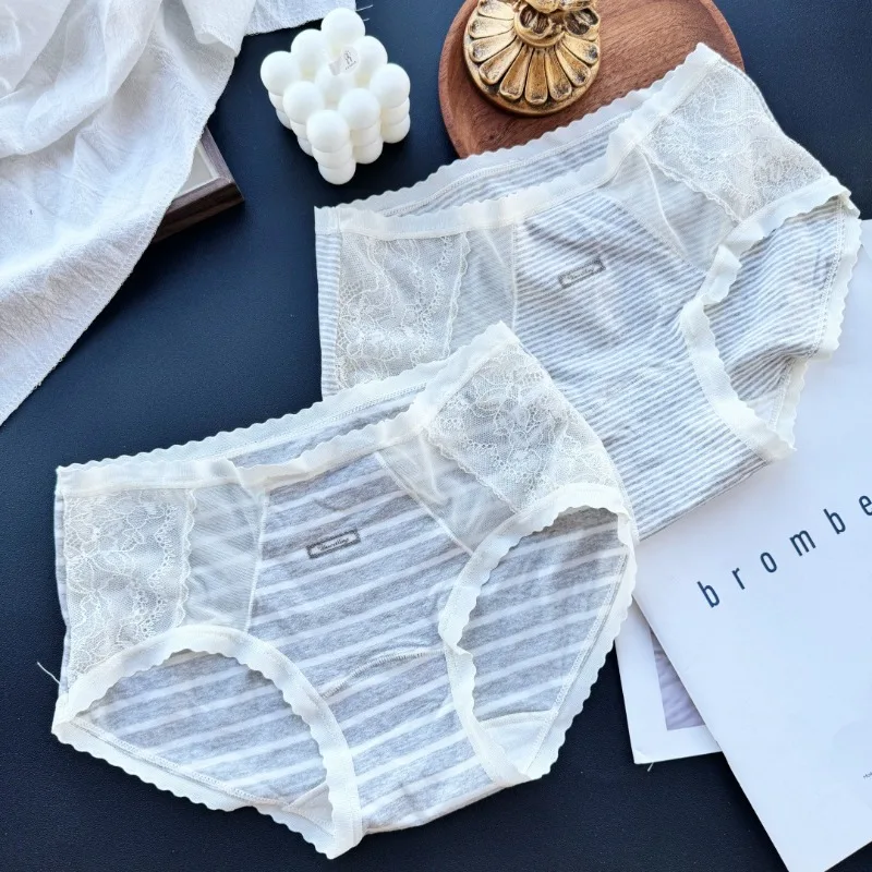 SP&CITY Gray Striped Cotton Seamless Underwear for Women Mid Waist Lace Mesh Sexy Panties Soft Breathable Student Daily Briefs