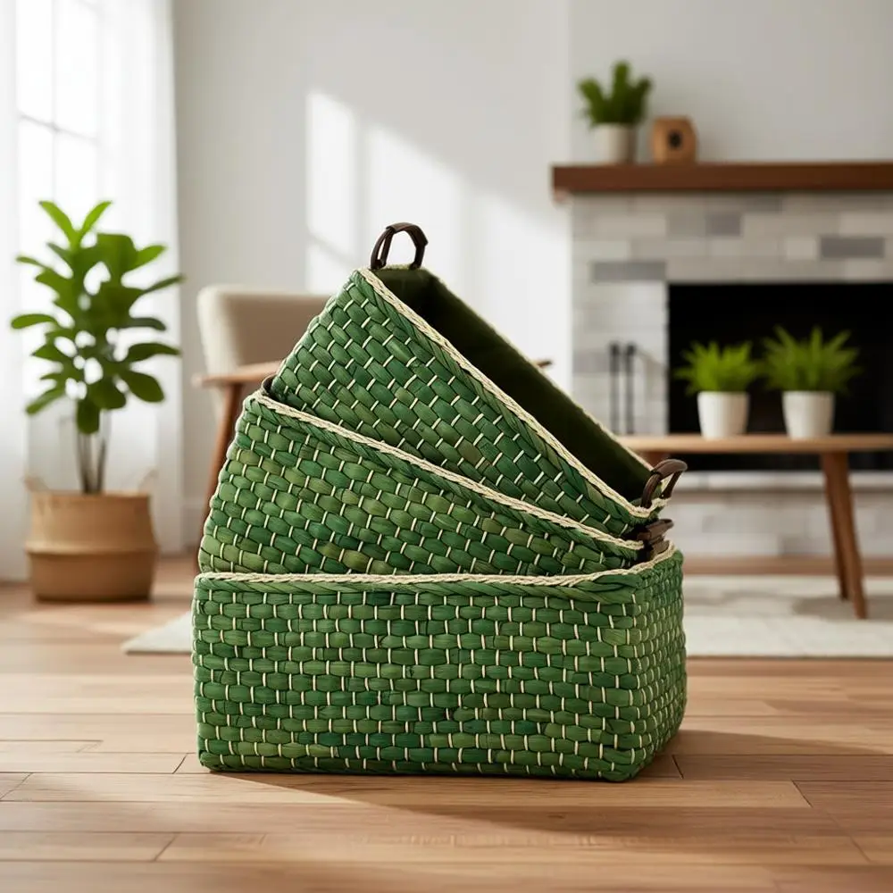 

Набор из 3-х зеленых плетеных корзин для хранения