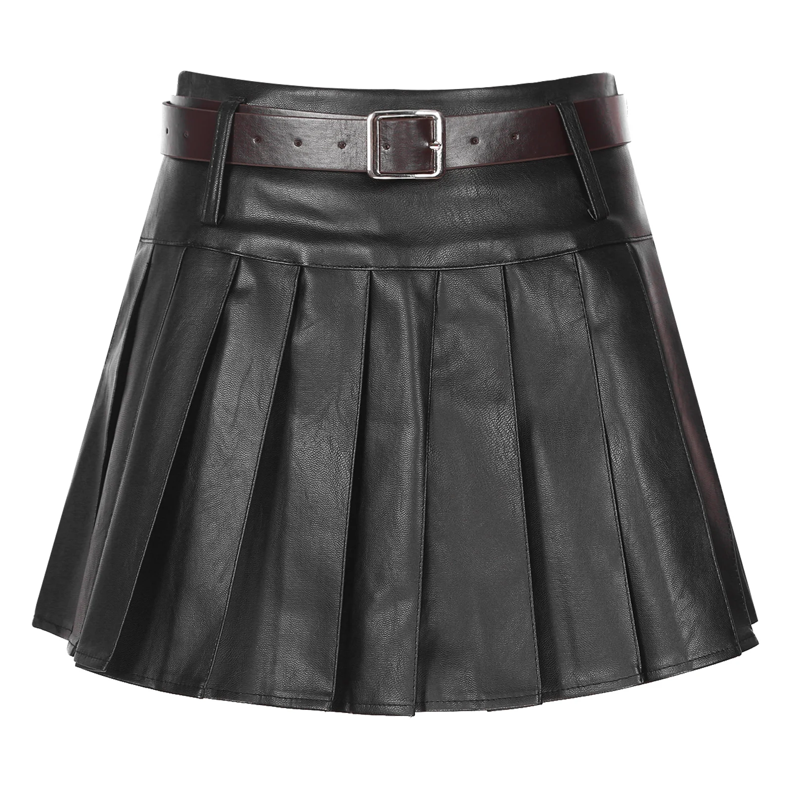 Womens Fashion Faux Leather Pleated Skirt Side Invisible Zipper High Waist Built-in Shorts Skirts With Adjustable Belt