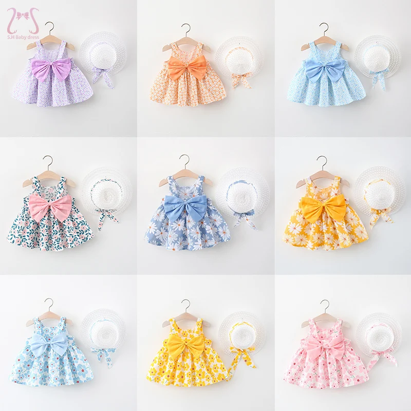 2Pcs/Set Baby Girls Summer Lovely Dresses Sweet Flowers Sleevele Children's Clothing Bowknot Kids Dress 0 To 3 Years Old Toddler