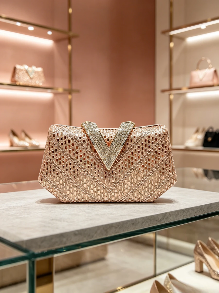 Rose Gold V Shape Full Rhinestone Evening Clutch Bag, Hard Shell Formal Dinner Hand Purse For Mature Women Wedding Banquet Bag