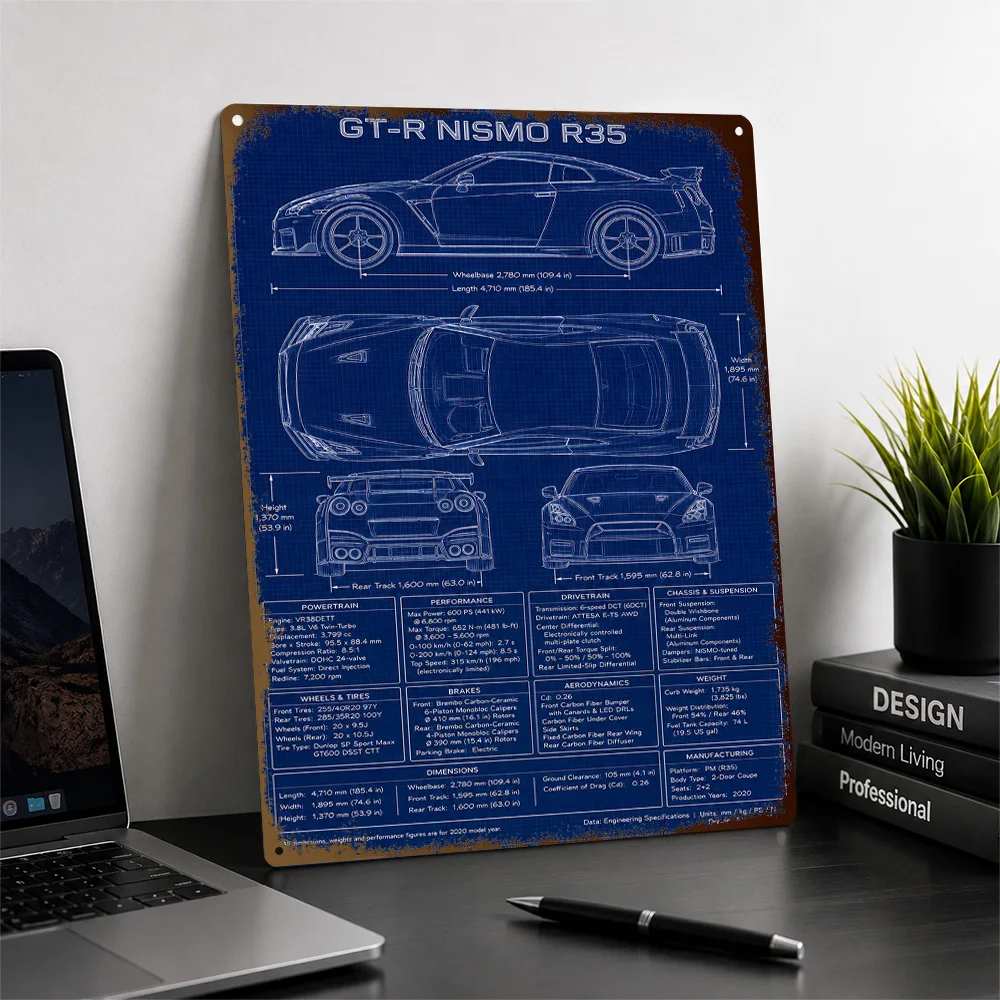 Japan GT-R NISMO R35 Technical Blueprint Textured Poster Personalized Aluminum Metal Sign Workshop Style Wall Art Suits Office