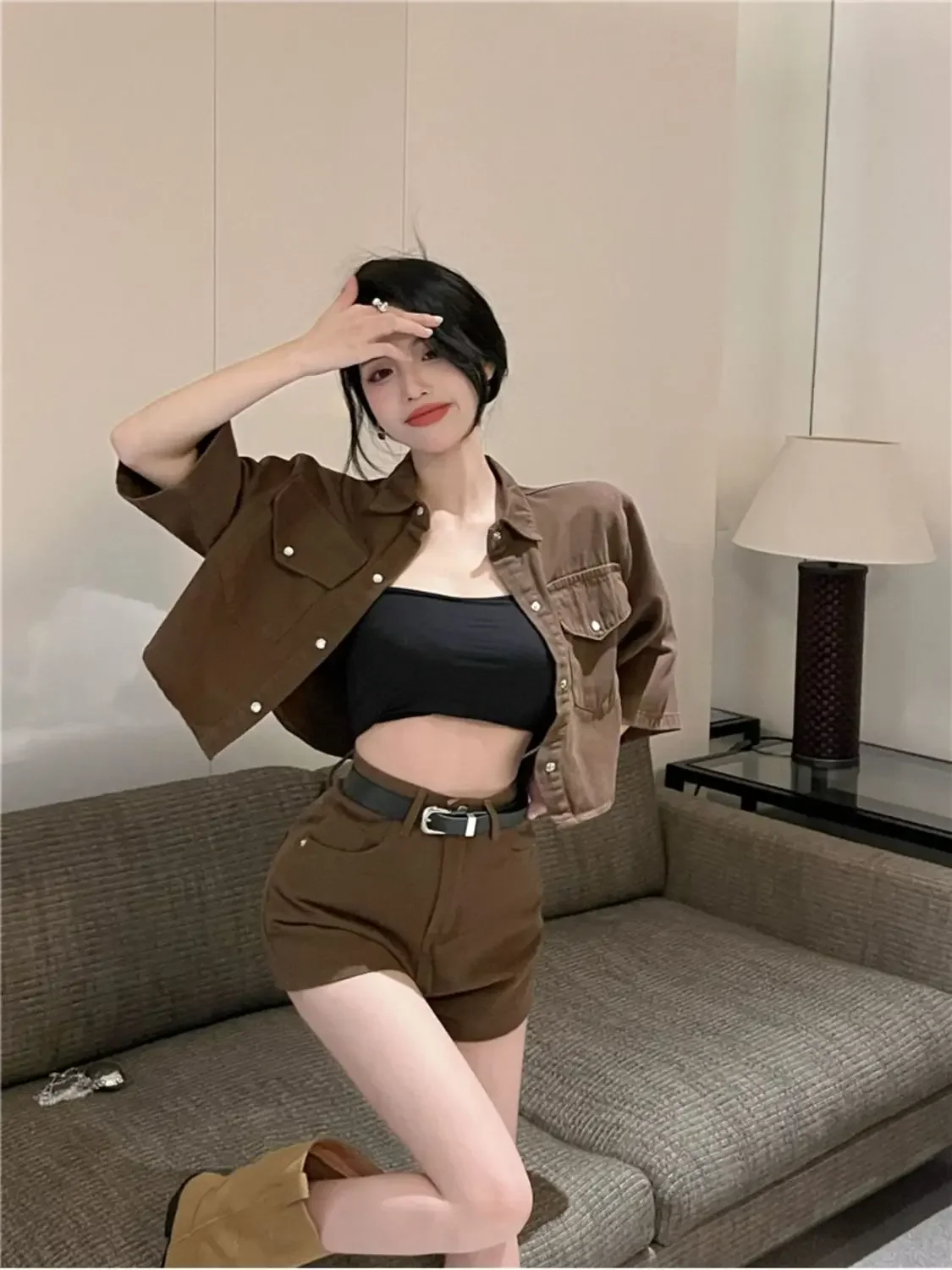 

Party Women's Short Sets 2 Pieces With Jacket Cargo Korean Style New Coordinated Stylish Kit Casual Trends Light Female Shorts