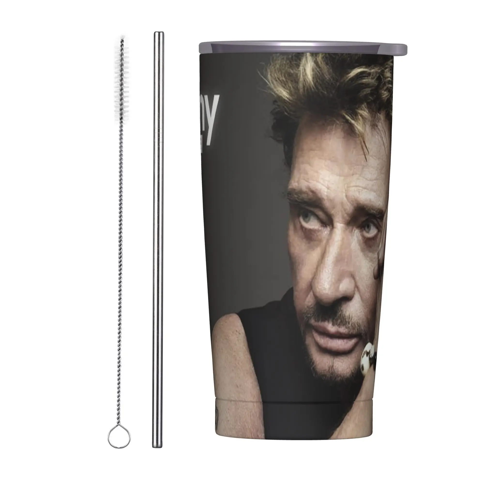 Fashionable Music Tumbler Vacuum Insulated Johnny Hallyday Thermal Cup with Lid Straw Double Wall Mug Water Bottle, 20oz