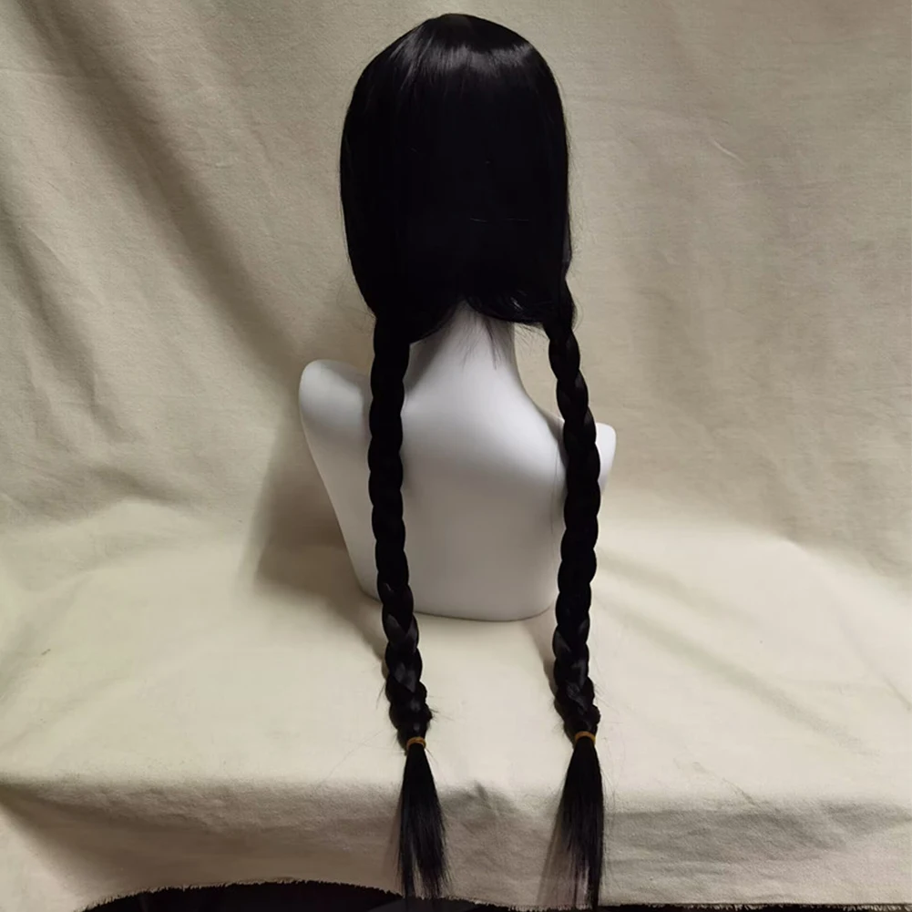 Wednesday Addams Cosplay Wig Heat Resistant Long Black Braids Silky Straight Synthetic Wigs with Bangs for Halloween Party