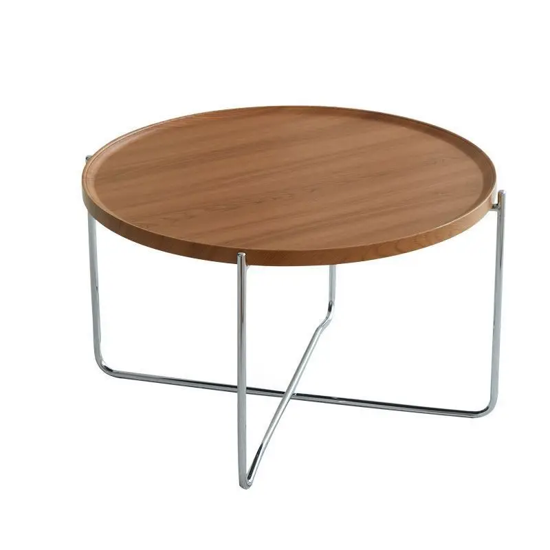 Mid Century Modern Round Coffee Table Walnut Wood Grain Top Chrome Metal Legs Foldable Small Accent Side End Table For Living