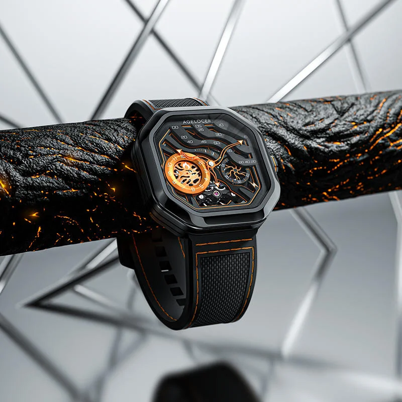 

Мужские часы AGELOCER Volcano, квадратные светящиеся автоматические механические часы со скелетом для мужчин, модные из нержавеющей стали 316L с коробкой