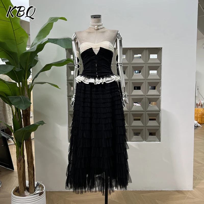 

KBQ Elegant Two Piece Sets for Omen Strapless Backless Hit Color Tunic Tops High Waist Mesh Long Skirts Temperament Set Female