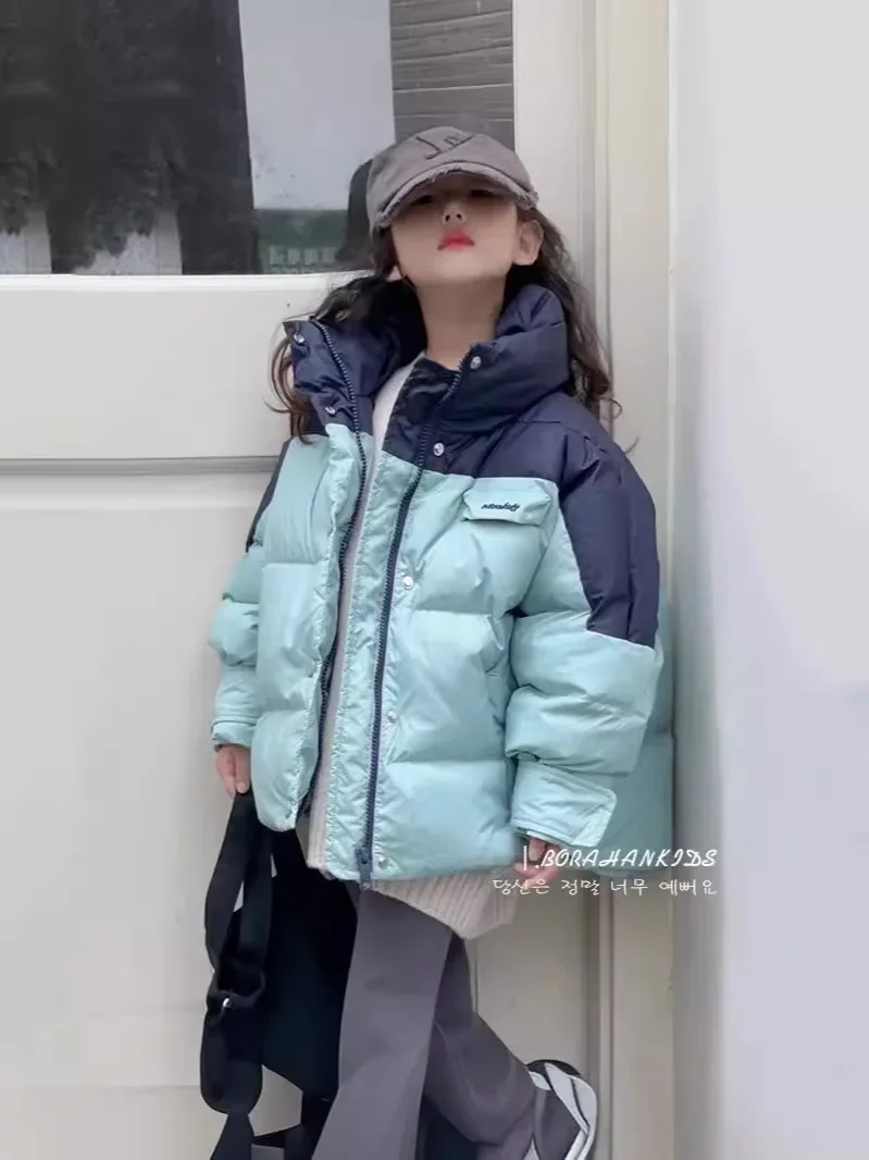 Fashion Baby Girls Winter Jacket Cotton Padded Toddler Teens Hooded Short Coat Kids Blue Patchwork Thick Child Outerwear TR207