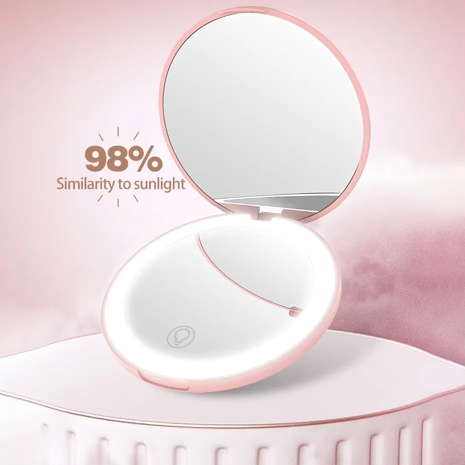 Mini Compact Led Makeup Mirror With Light 3X Magnifying Small Pocket Portable Travel Pink B