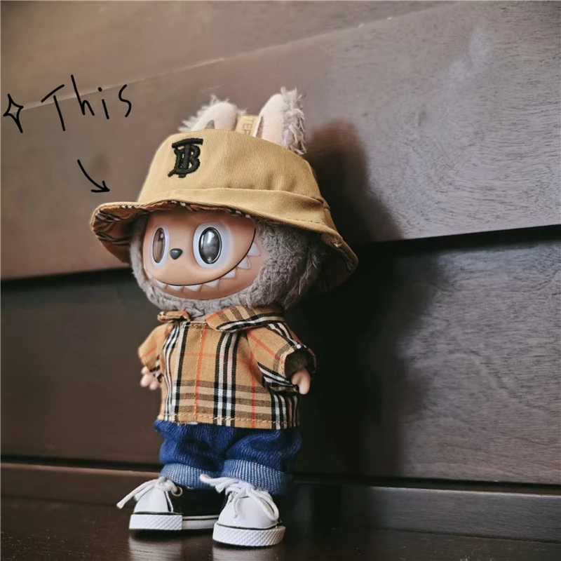 15 17cm For Labubu Doll Luxury Dress Skirt Outfit Clothing Classic Fisherman Hat Plaid Shirt Bag Shoes Set Clothes Accessories
