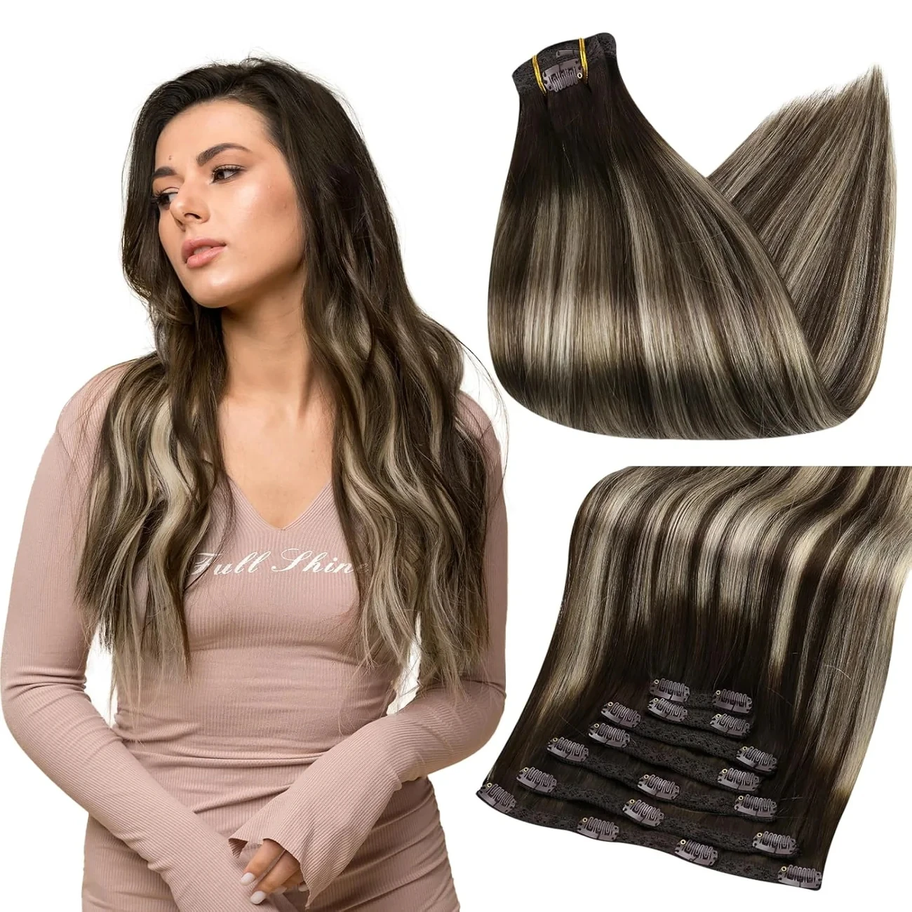 

Full Shine 7Pcs Balayage Ombre Clip in Hair Extensions Human Hair Clip ins Double Weft Long Straight Hair